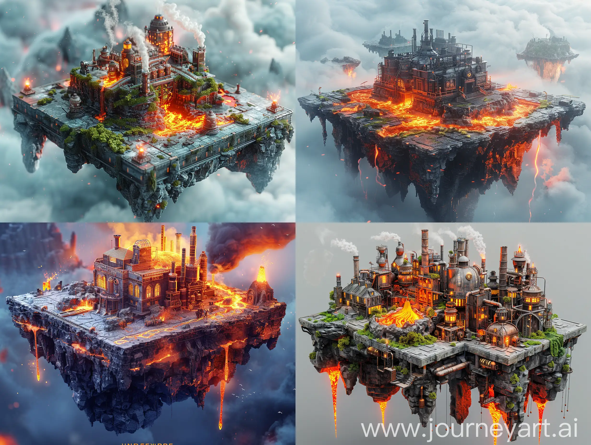 Floating island, Modern equivalence，A clean background， On a square platform， The platform is made of Steampunk Factory， There are volcanic eruptions, Ruins，Cliff，magma, Cube World， A clean background，Aerial view C4D，OC Renderer, Unreal Engine, Artistic, Movie Lighting, Award-winning --s 400