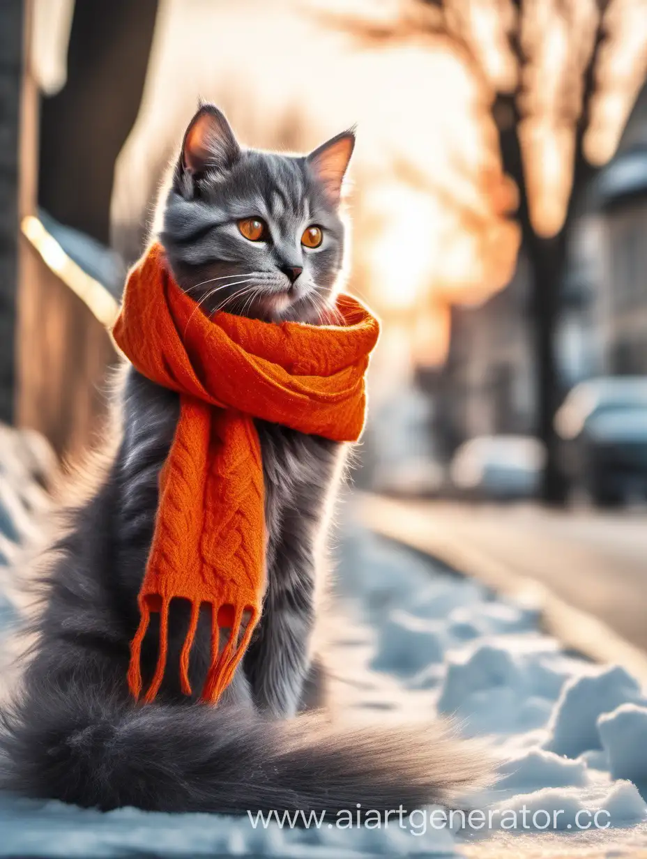  серый котенок в оранжевом шарфе сидит на улице на дороге зимой, над ним красивое небо и склонилось дерево, а справа стоит  кружка с кофе