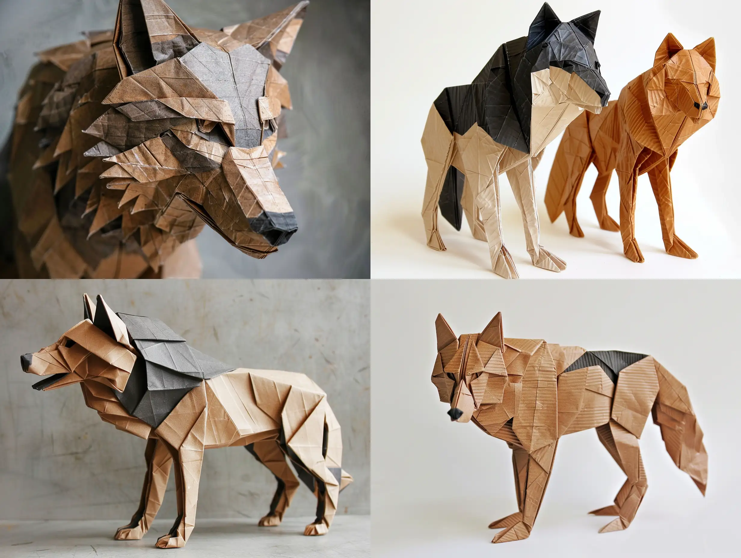 wolf  ; origami made of corrugated cardboard.  Pleasure ; Brown, black white