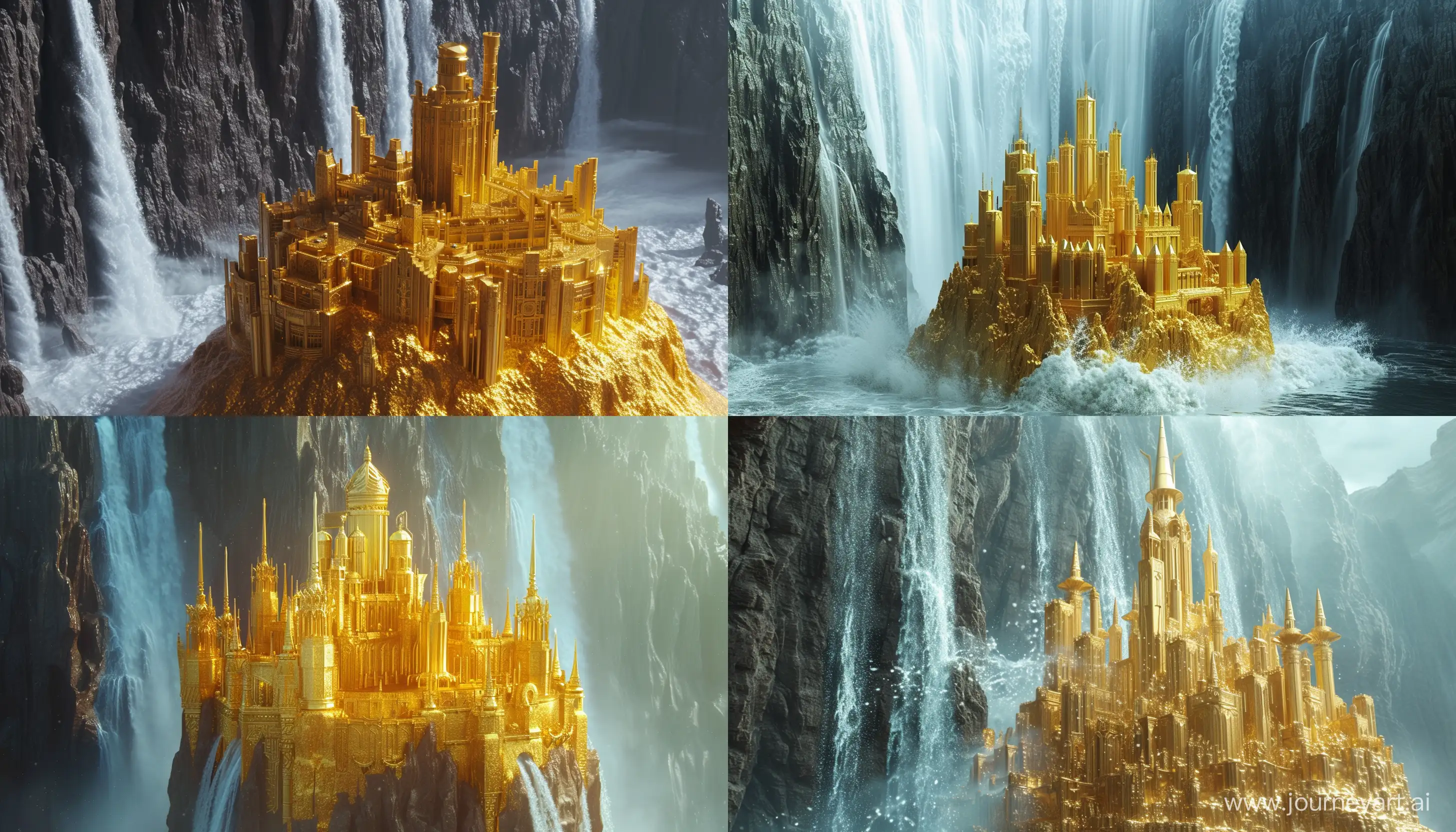 "Generate a mesmerizing AI-rendered scene featuring Asgard's golden castle from Marvel Studios' Thor movie, set against a cosmic waterfall backdrop. Immerse the viewer in the ethereal beauty of the divine architecture, ensuring realistic details and intricate design elements. Envision a celestial cascade enhancing the cinematic allure, blending cosmic energies with the majestic splendor of Asgard. Create a visual masterpiece that transports onlookers to the mythical realms of Thor in breathtaking detail." --aspect 7:4