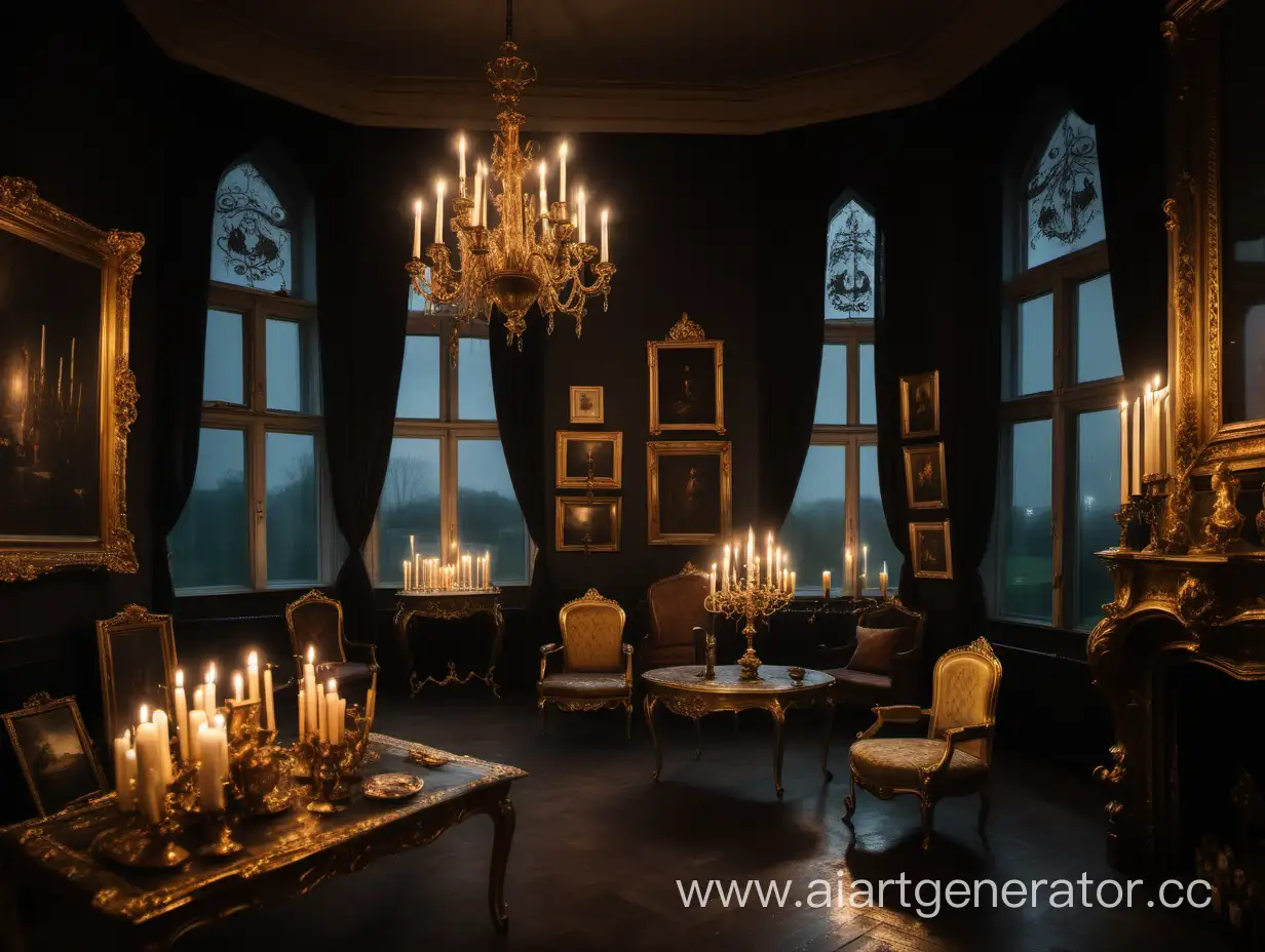 Gothic-Mansion-Interior-with-Gilded-Dcor-and-Rainy-Night-View