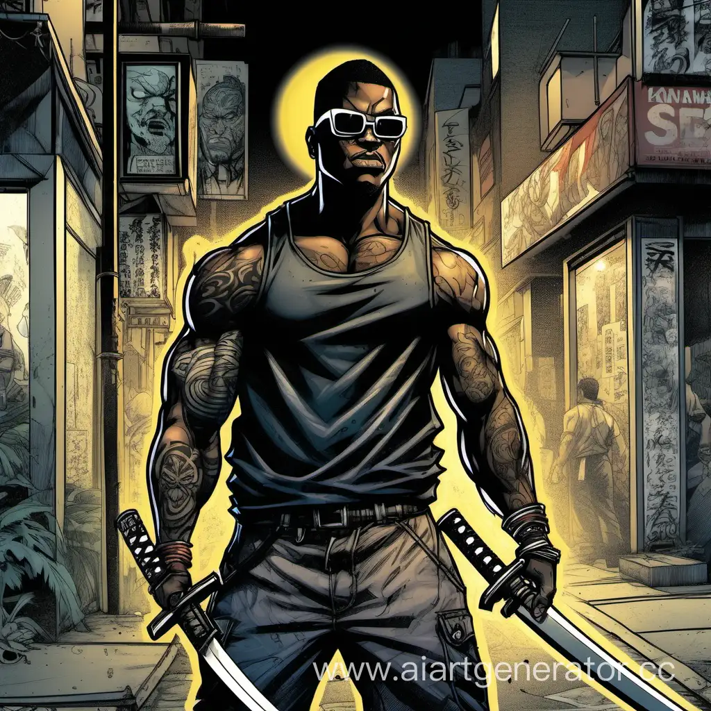 comic art, manga art, street warrior, black american male, scarred, muscular, fat, tattoed, katana in mainhand, black glasses,smg in second hand, night street background, dim light