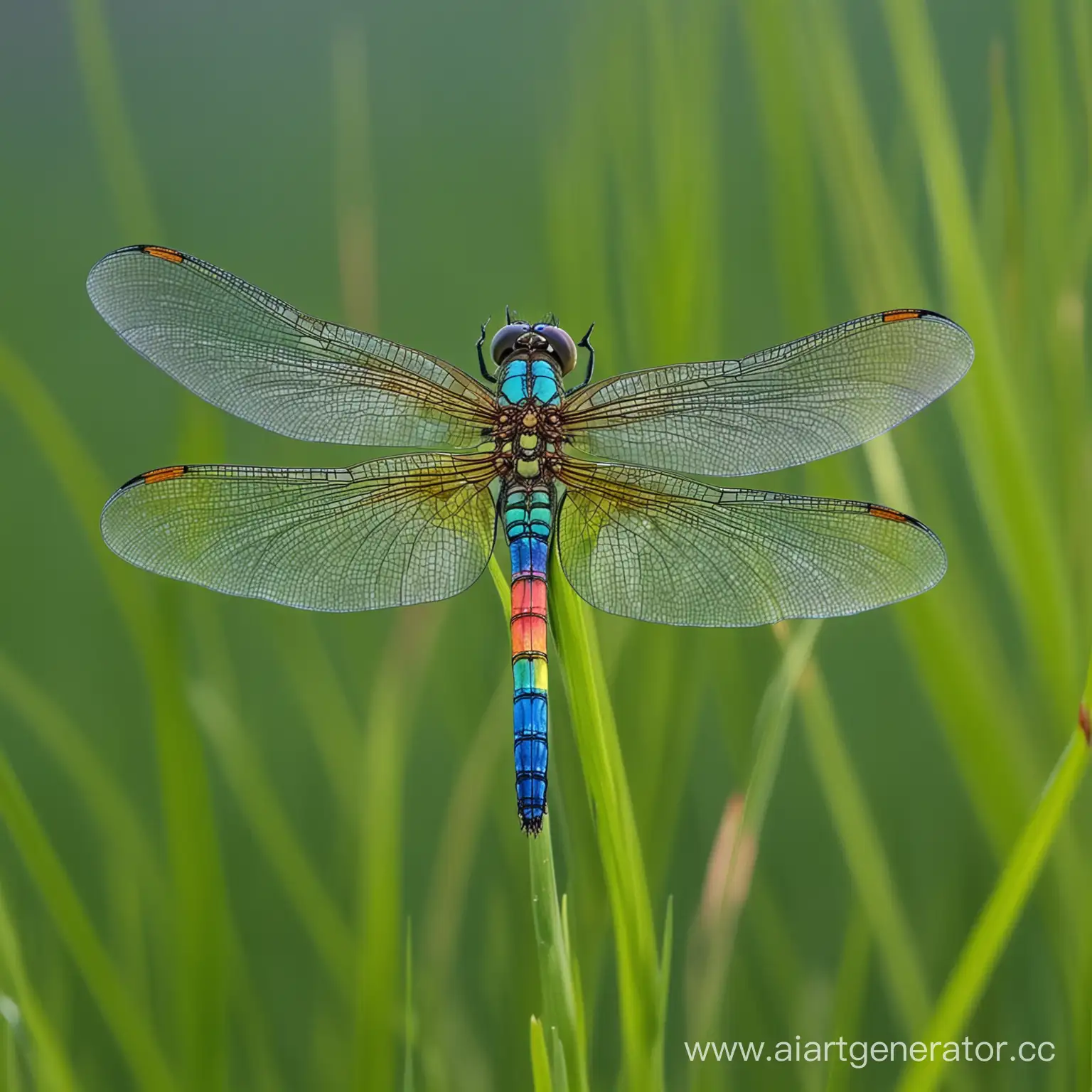 Vibrant-Rainbow-Dragonfly-Perched-on-a-Blade-of-Grass