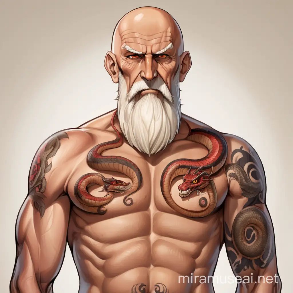 Powerful Elderly Man with Serpent Tattoo on Tan Skin