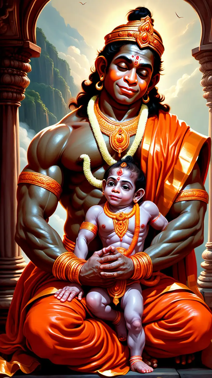Adorable Young Lord Hanuman Embracing a Human Child Affectionately
