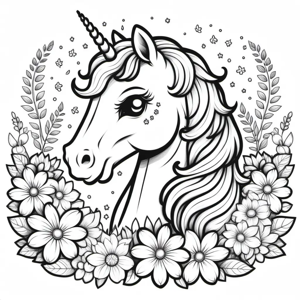 Adorable Unicorn Coloring Page with Flowers on White Background