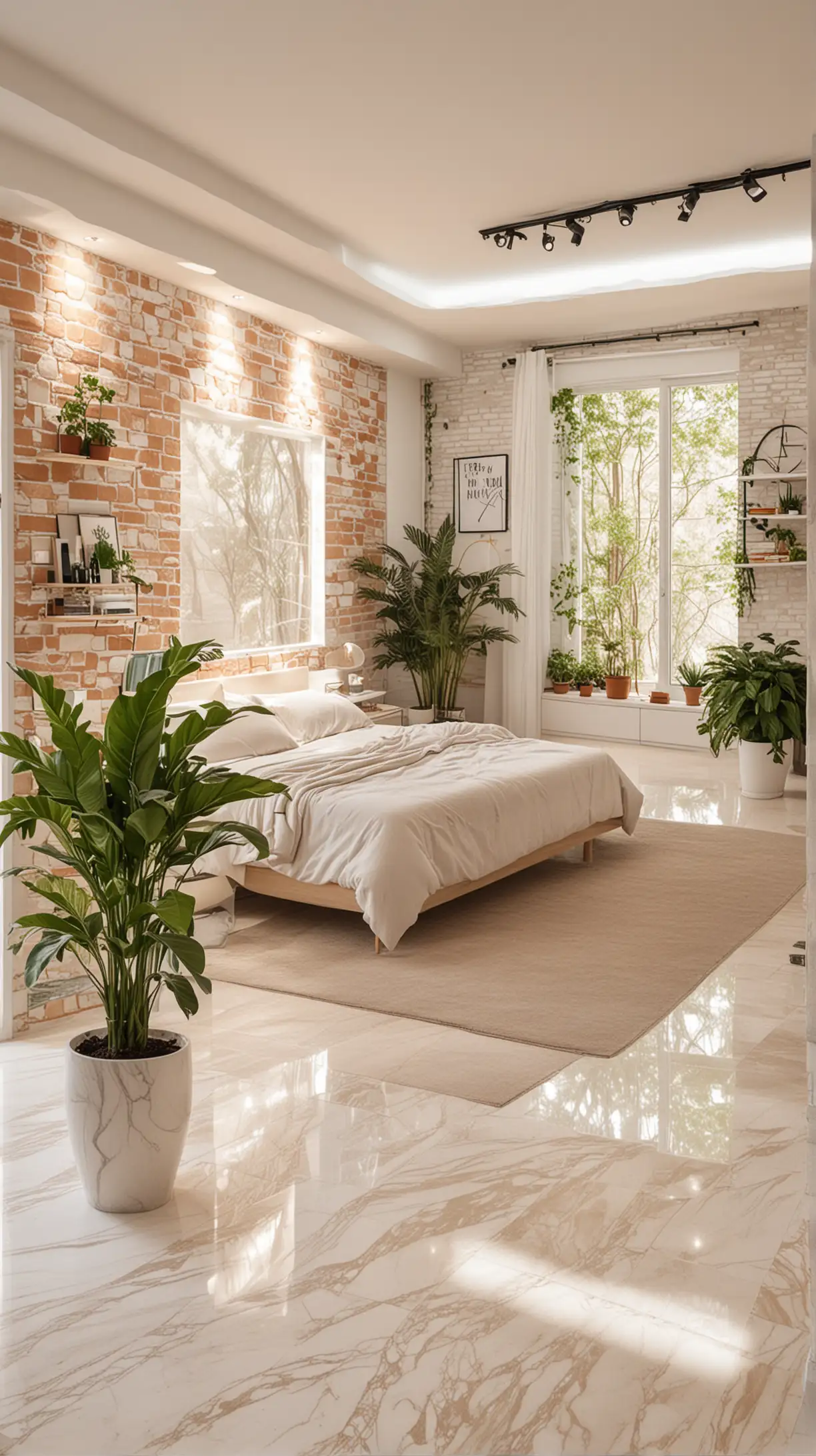 private house. bedroom in living room. modern style. light color marble. brick walls. lalot of warm natural lighting. filled with plants and furniture.
