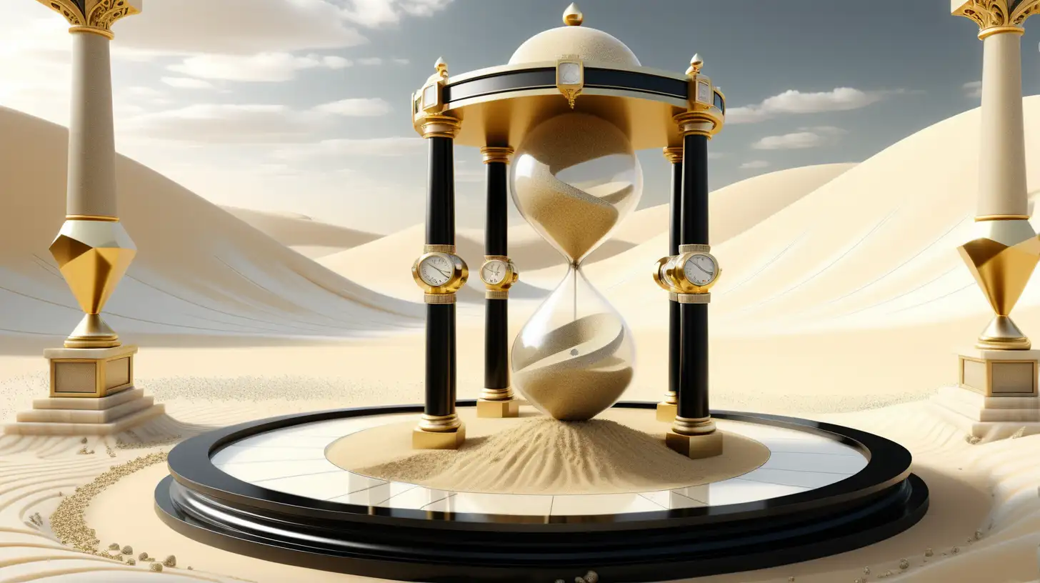 hyperbolic time chamber. elegant. diamond encrusted. archviz. gold, black, and white marble. extravagant. landscape view. wide shot. bird's eye view. sands of time. gold sand hour glass.