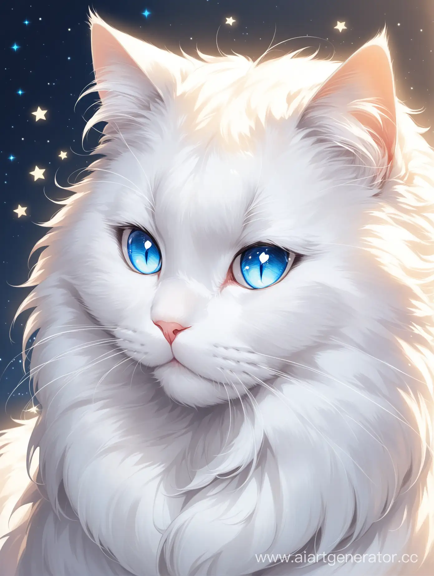 Large white cat with blue eyes, It has white, star-like fur. A very beautiful, fluffy cat, moderately well-fed and well-groomed.