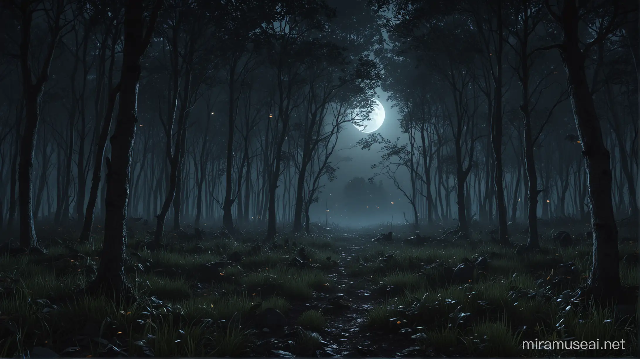 night forest, dark colors, bright moon, godrays, leaves, grassy ground