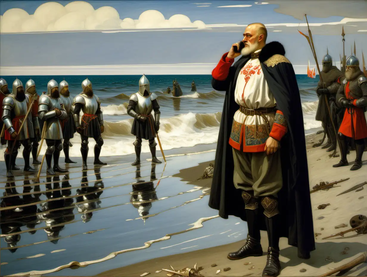 Russian Hero by the Seashore Talking on Mobile Phone with Knights in Formation