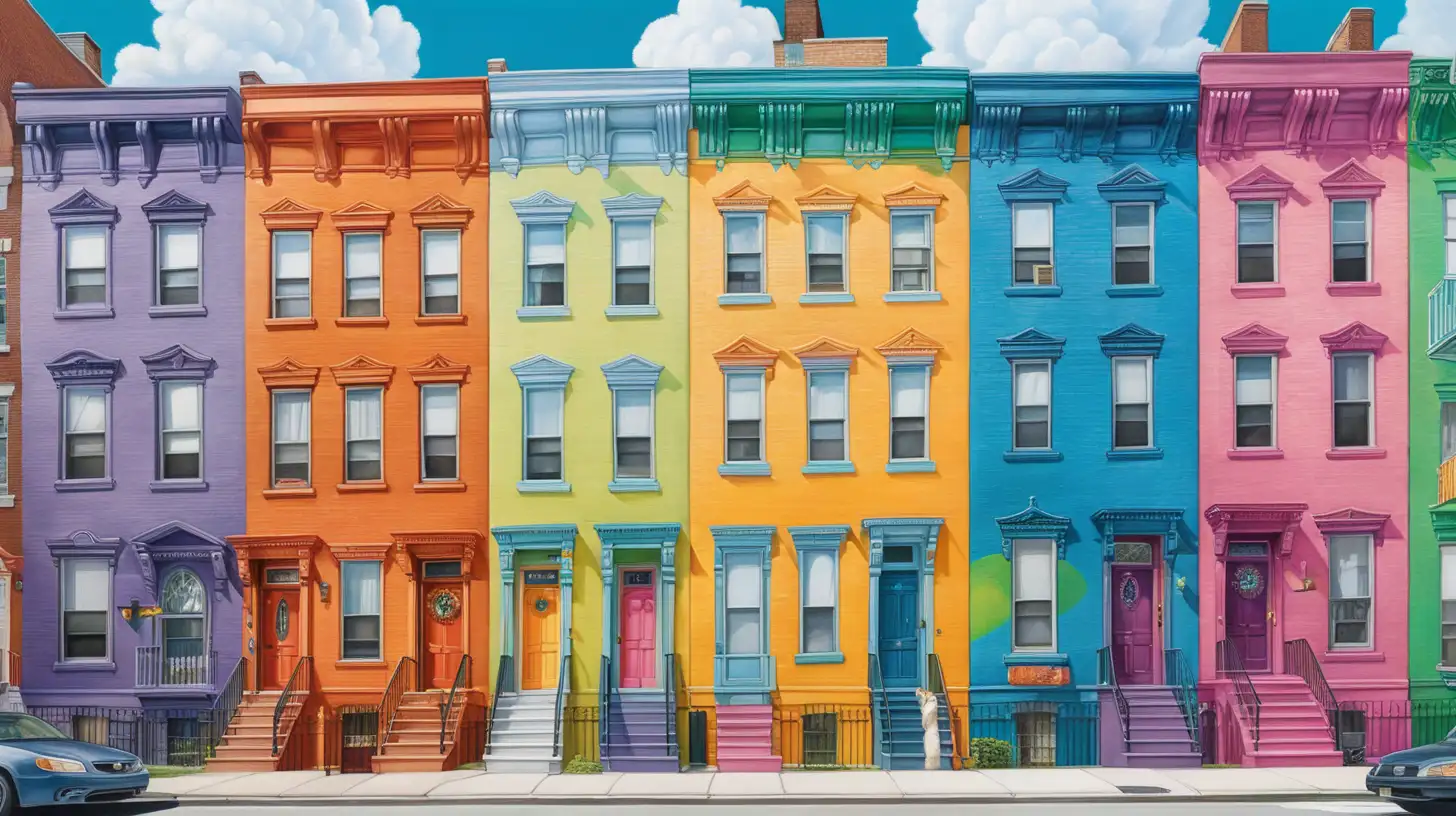 A Vibrant Urban new York street lined with whimsically colored townhouses, center townhouse is blue, each boasting unique architectural quirks and vibrant hues. Some houses are colored in perfectly while others are half colored in, inviting readers to fill in the blanks with their imagination. Above, a playful sky stretches with fluffy clouds and hints of rainbow, bird and plane in the distance adding to the lively atmosphere. Surrounding the townhouses, the urban setting pulses with dynamic energy, promising readers an immersive journey through a neighborhood where every corner holds a new surprise. image serves as the perfect wrap for a book, capturing the essence of creativity and whimsy that awaits within its pages.