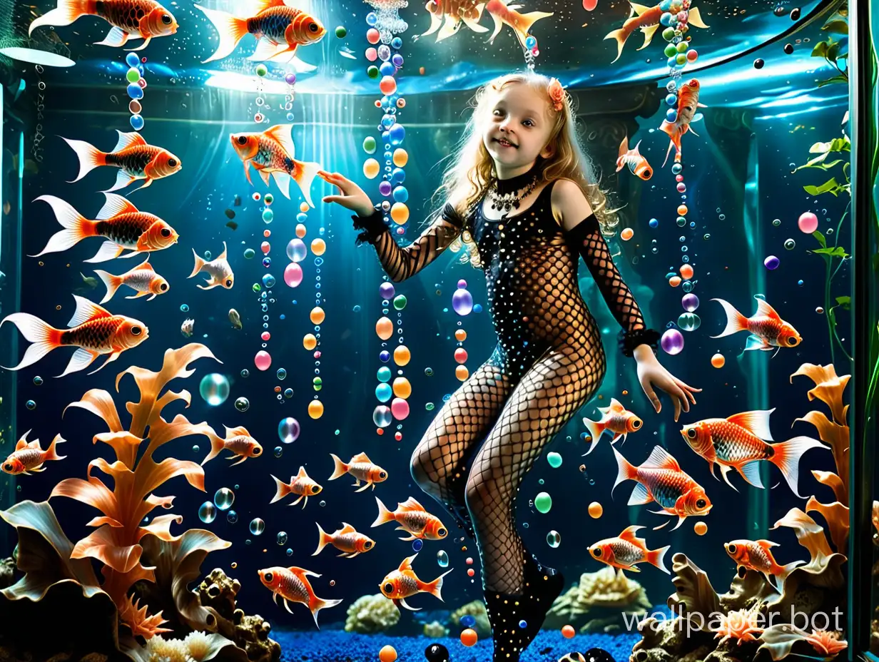 A happy 13-year-old girl in a body stocking with jewels swims in a full-length aquarium with Rococo fish, blowing bubbles.