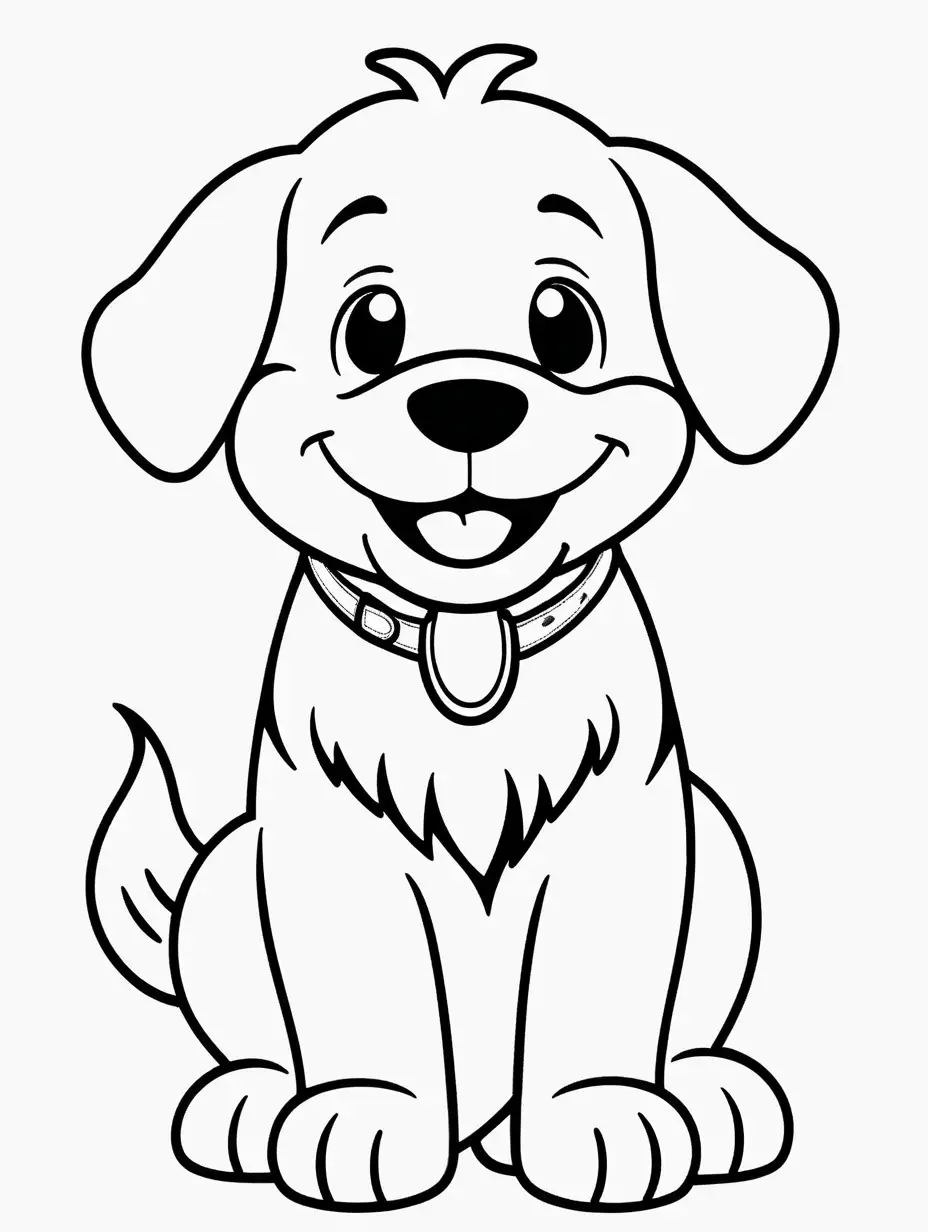 Very easy coloring page for 3 years old toddler. Smile dog with paw. Without shadows. Thick black outline, without colors and big  details. White background.