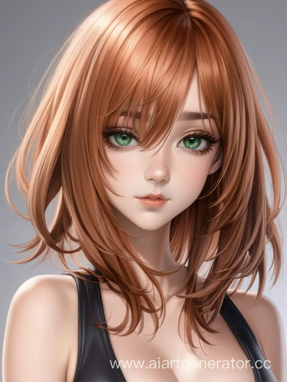  hair color light shade copper hair cut mallet length hair a little longer than shoulders, long eyelashes black, gray-green eyes, nose with a hunch, attractively beautiful appearance, medium-sized breasts as well as hips.