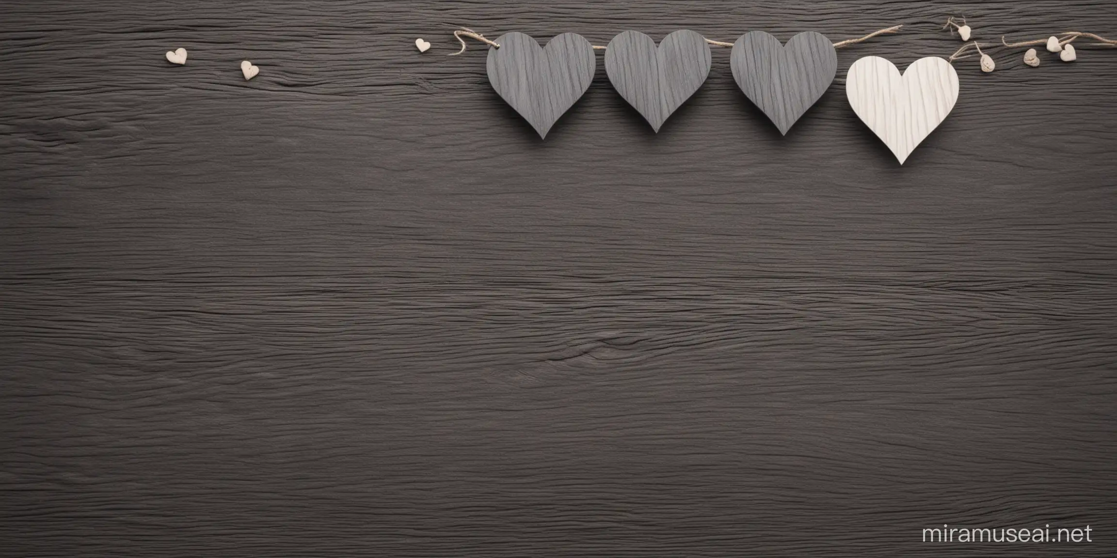 wedding invitation card background with anthracite wood and two hearts on the side