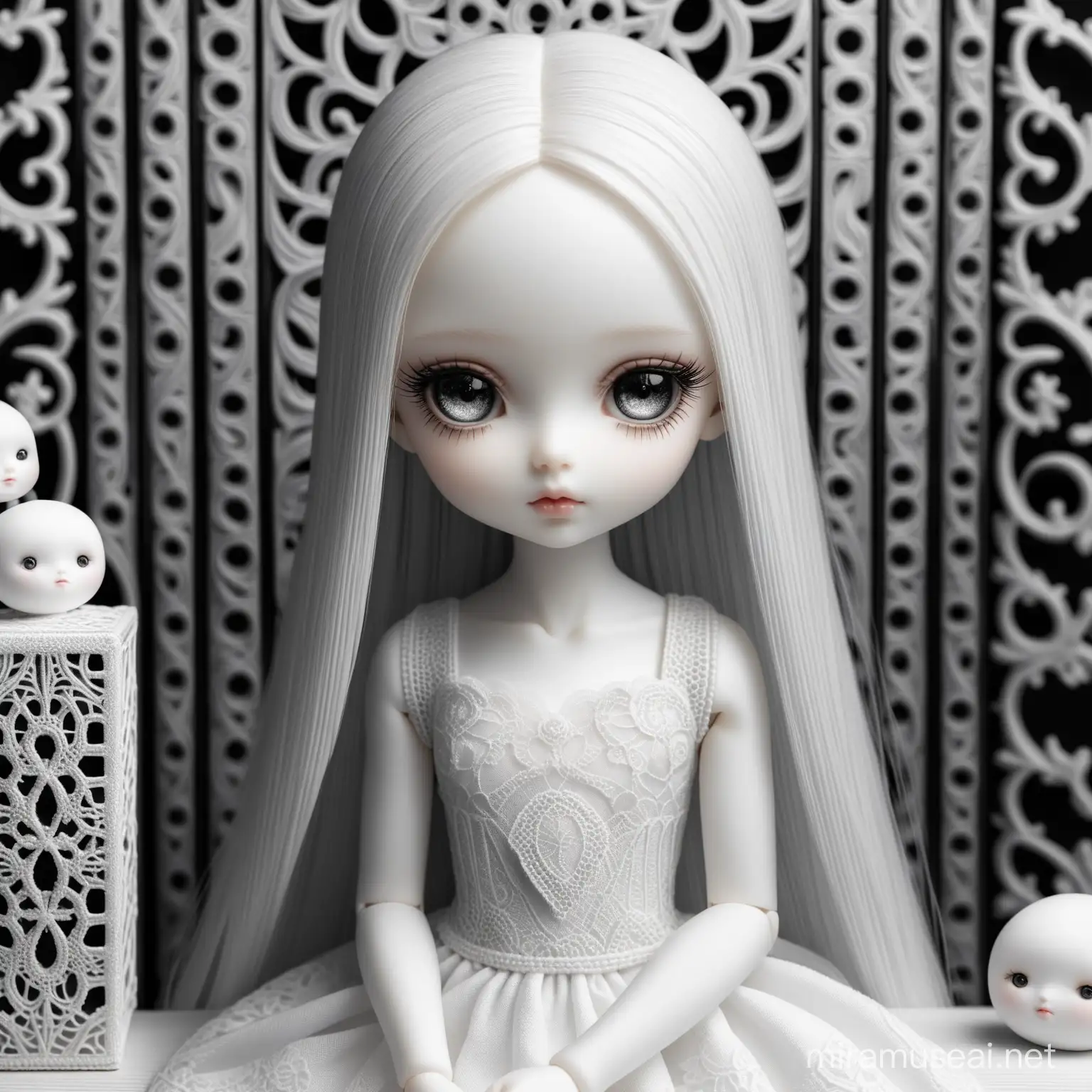 Hyperrealistic Jointed BJD Doll in Lace Dress with Black Wooden Carved Gift Box Background