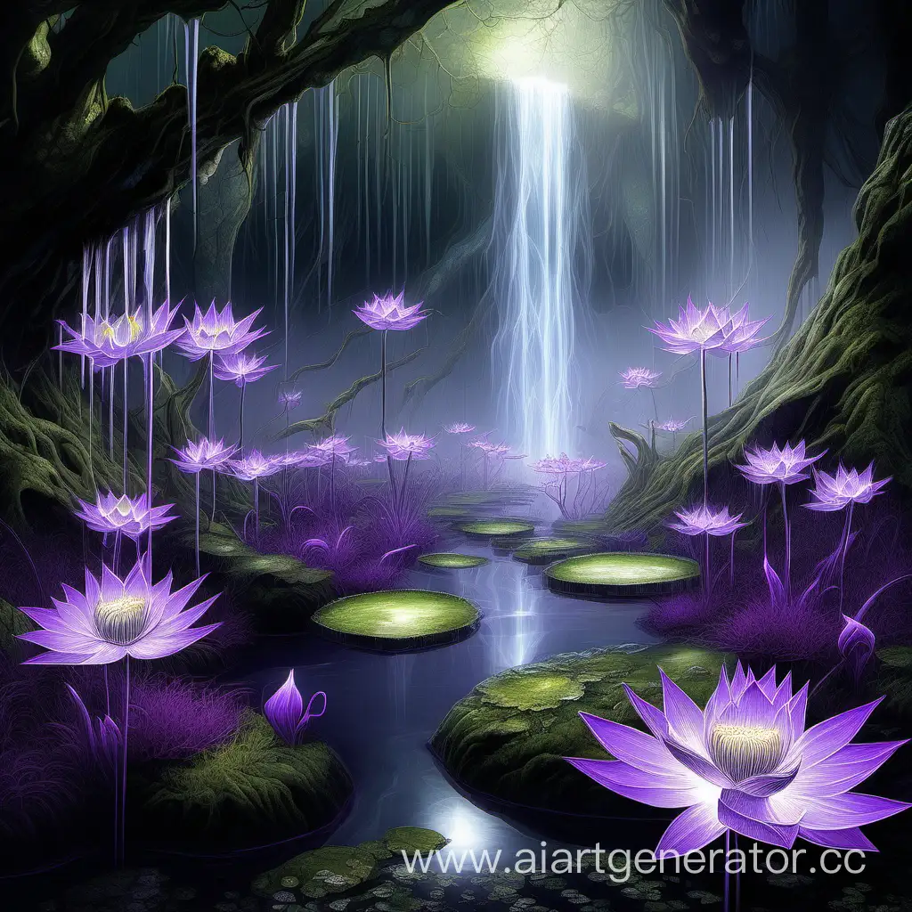 Enchanting-Mercury-Marsh-with-Purple-Glow-Mystical-Forested-Waterfalls