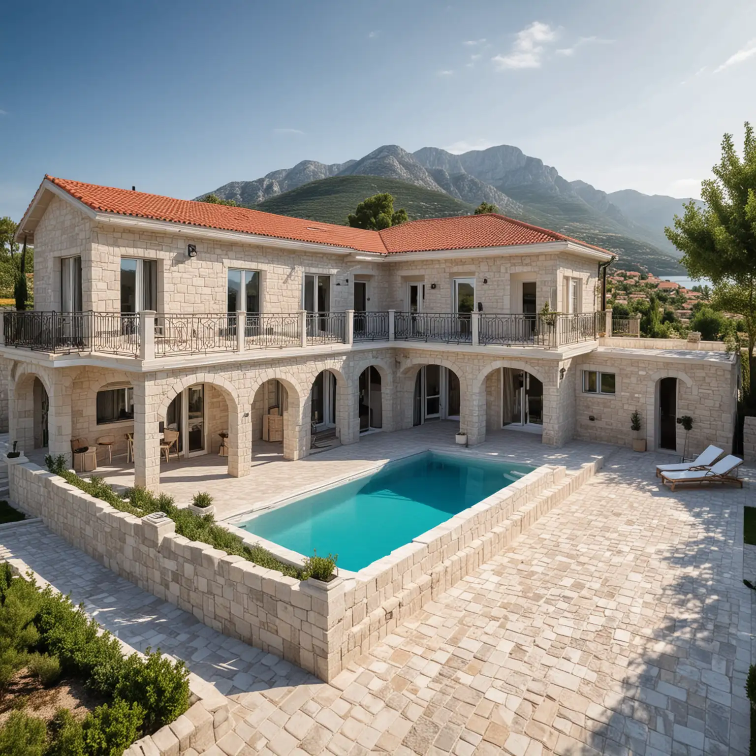 Erstelle ein Bild auf dem schöne Fertighäuser mit jeweils 2 Parkplätzen und einem Pool umgeben von einem schönen Garten zu sehen sind auf einer Fläche von 20x25 m2 in Montenegro, mediterran, mittelalterlich, edel, Limestone 