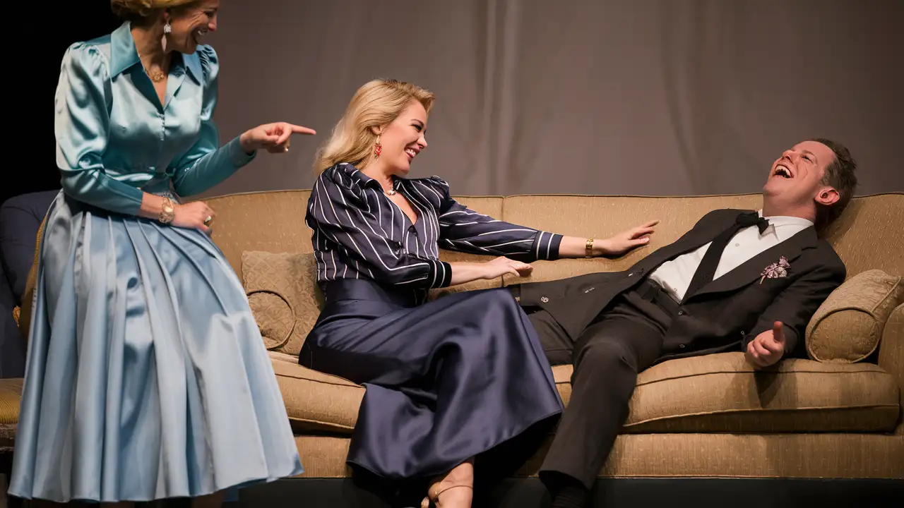 A hysterically laughing caucasion man is lying longways on his back on a sofa . A beautiful blonde woman is sitting beside him on the sofa. she is looking down at his face and smiling. she is touching his chest with her fingers. she is wearing a dark blue and white striped satin blouse, long dark blue satin maxi circle skirt and heels.
Another woman is standing to the left of the picture. She is watching and smiling. she is wearing a light blue satin blouse, long light blue satin circle skirt and heels. She is pointing at the man. 
