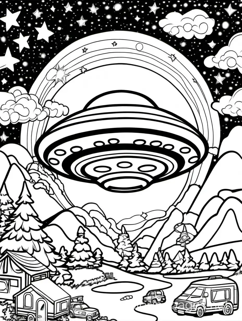 Lisa frank art style, UFO flying over campground, Coloring Page, black and white, line art, white background, Simplicity, Ample White Space. The background of the coloring page is plain white to make it easy for young children to color within the lines. The outlines of all the subjects are easy to distinguish, making it simple for kids to color without too much difficulty