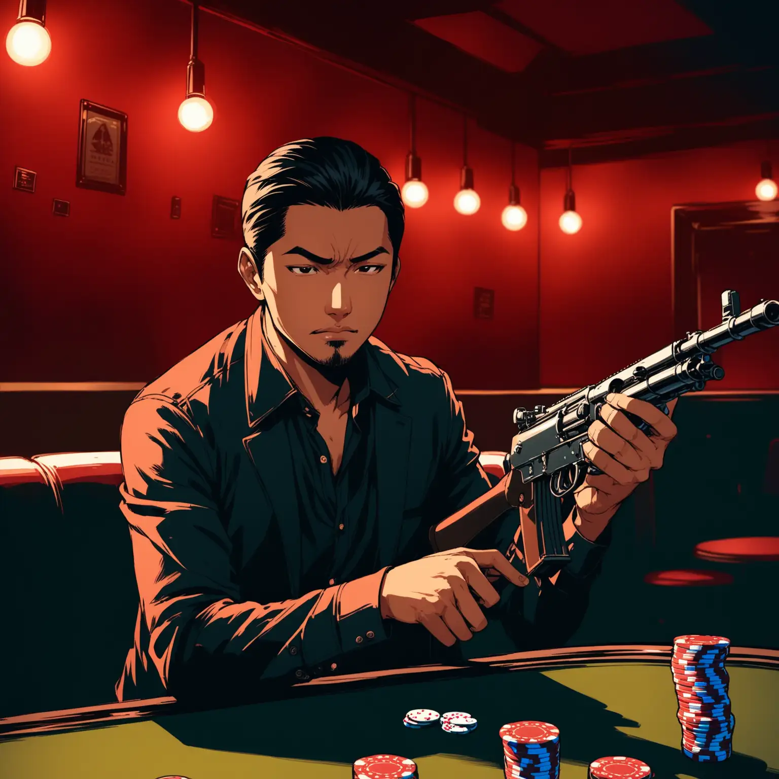 A dim room with red lights. It was once a speakeasy, now its a modernized lounge where the players play. 1 asian man very handsome is dressed in dark jeans and a black button up, deep in a game of poker. He has a very stressed facial expression he holds a machine GUN in his hand ready to fire 
