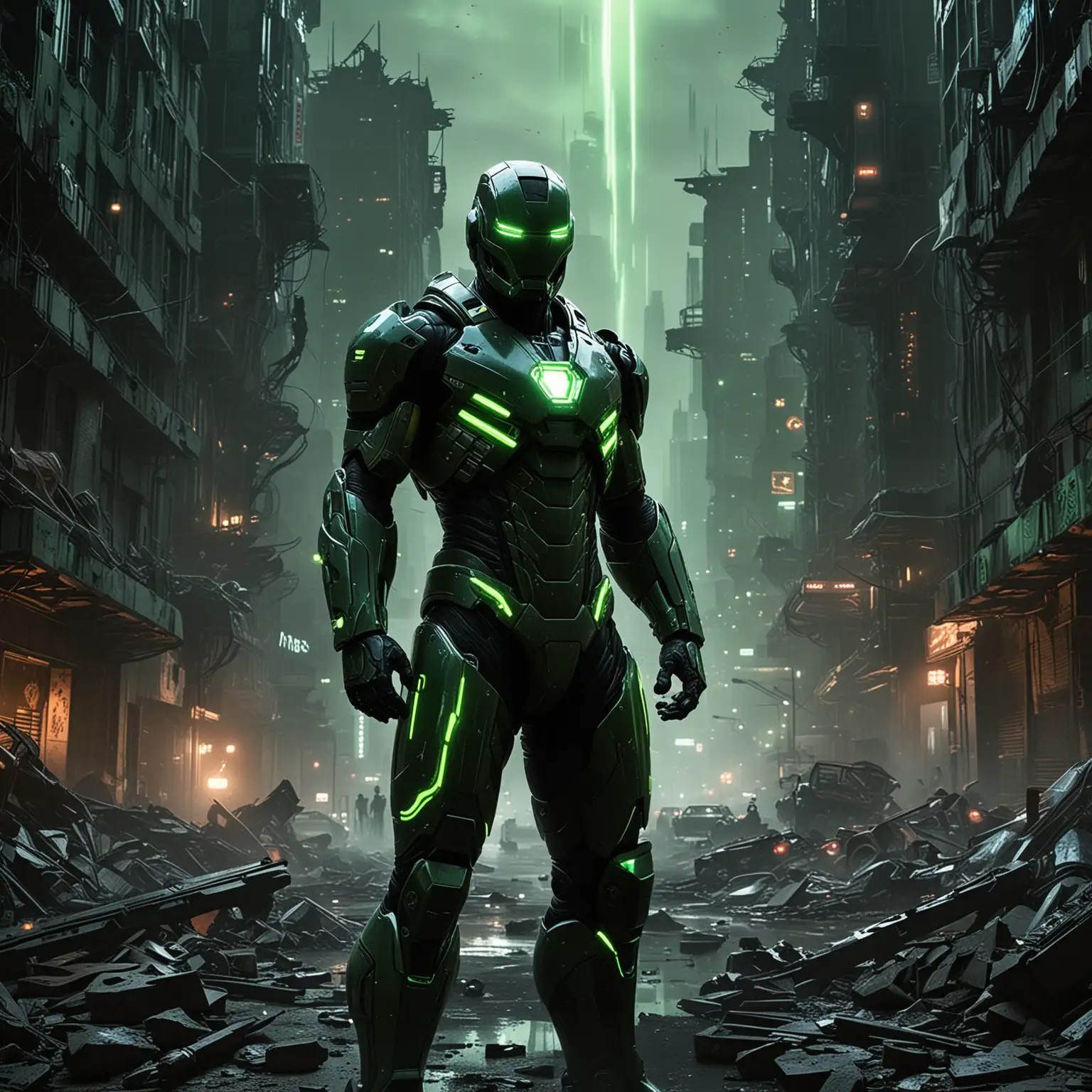 Imagine standing in the heart of a sprawling city on Saturn, where the night is alight with an eerie glow from bright green neon lights. This city, known for its stark brutalist architecture, presents a dramatic backdrop against the dark sky of the outer solar system. You are in the center of this chaotic beauty, clad in the Iron Man Mark 33 suit, but with a unique twist: your suit is a sleek combination of green and black, reflecting the neon glow of the city. The helmet's faceplate is open, revealing your determined expression as you prepare for battle. Your hand is outstretched, ready to unleash the power of the suit's pulsar weapon.  Around you, the city tells a story of recent conflict: many buildings bear the scars of destruction, with smoke billowing from their ruins and flames consuming what remains. Some structures stand partially demolished, a testament to the ferocity of the unseen battle. Despite the destruction, the city's spirit is unbroken, mirrored by your own resolve. The green neon light casts dramatic shadows, emphasizing the contrast between the technological marvel you embody and the primal chaos around you.  As you stand ready, the energy of the moment is palpable, the air vibrating with anticipation. This is a scene of epic proportions, a snapshot of a hero ready to confront whatever challenges lie ahead in this otherworldly metropolis.