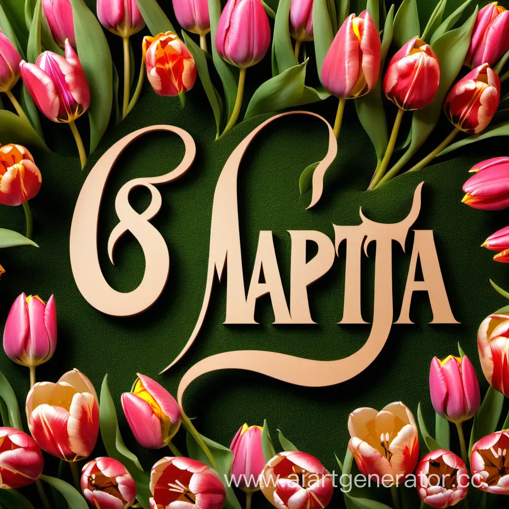 Красивым шрифтом надпись  " с 8 марта ", цветы, тюльпаны.
