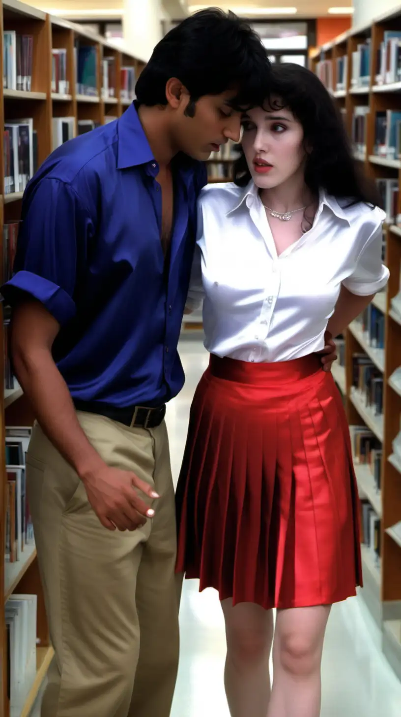 young adult indian andean declares his love for Young adult Isabelle Adjani  who measures 1.75m, short sleeved snowy white stretch silky satin shirt blouse and red pleated short skirt and royal pumps in very brightly library