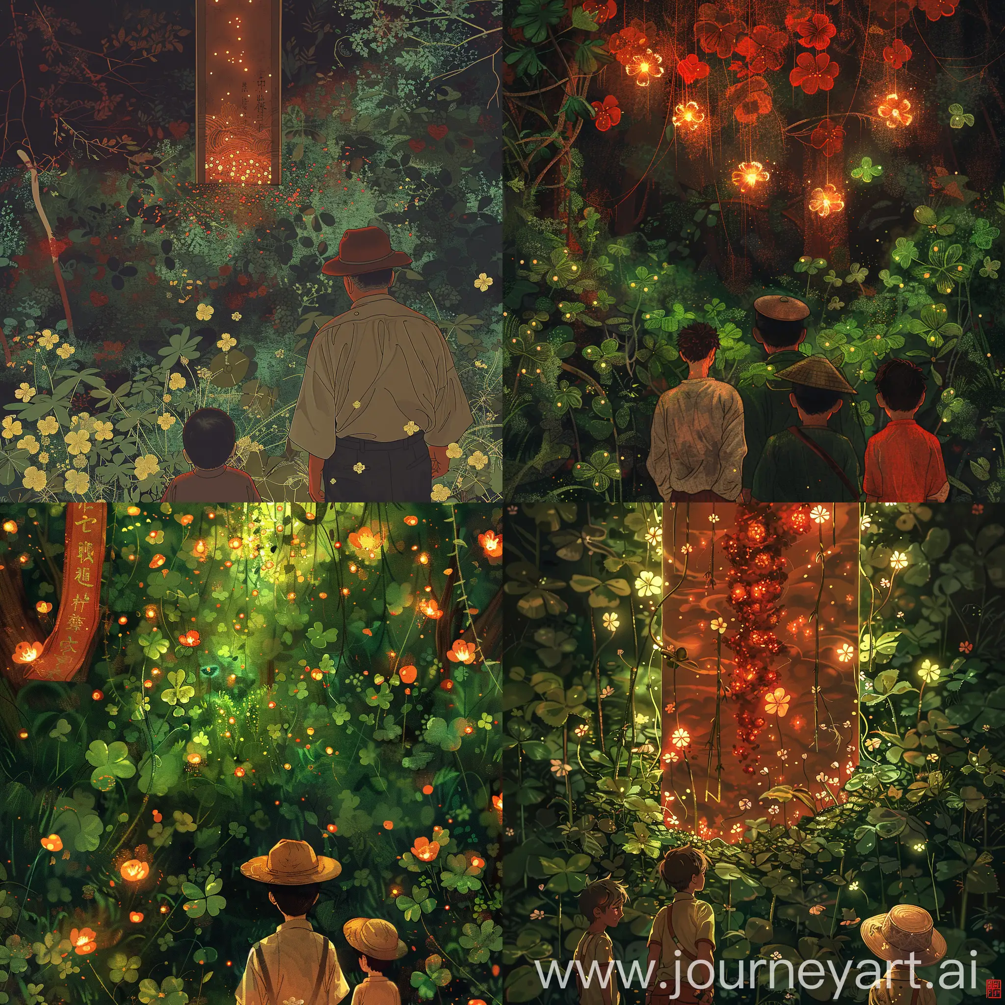 an illustration forest exploration a japan on outdoor hat a man with a 2boys, looking ((clover flowers lights))(zoom up), clover flowers fields jungle, in the style of dark gold molten filigree and red, confessional, playful and whimsical designs, notable sense of movement, i can't believe how beautiful this is, high-angle, hanging scroll
