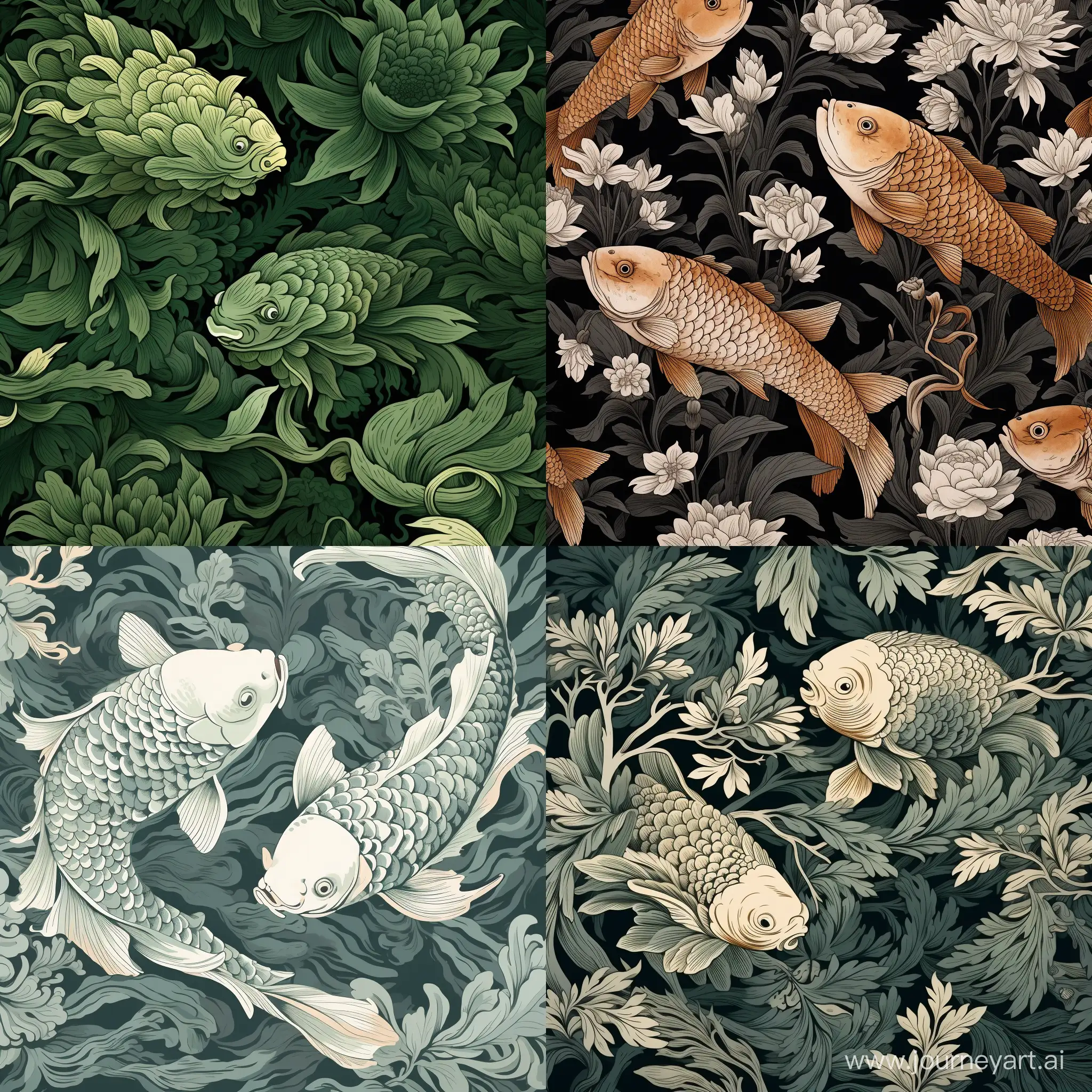 William Morris Inspired Painting carpes koï  vintage monochromatic color scheme, in flat style