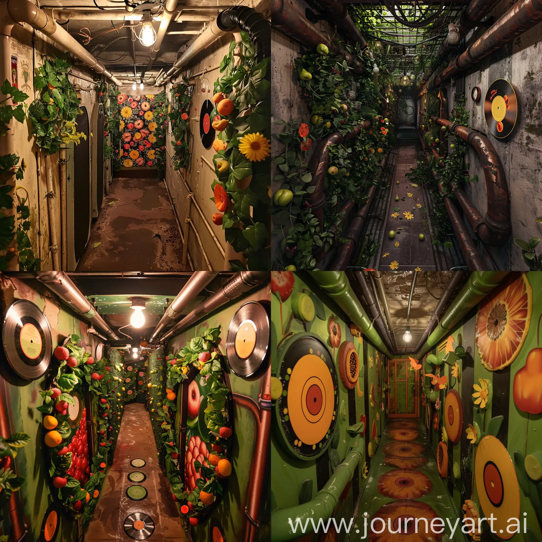 Sunny-Daytime-Party-Decor-in-Oblong-Basement-Corridor-with-Greenery-and-Records