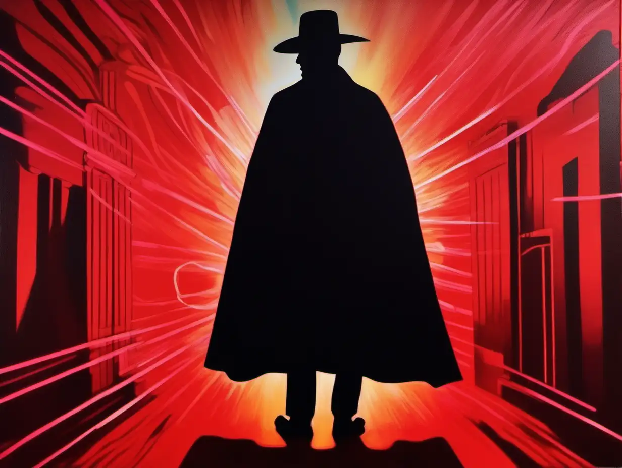 A painting of the silhouette of a whistling man in a black cape and black hat standing against a red background. Light trails, bright neon colors, dramatic lighting, highly realistic, Pop-Art, Art Nouveau.