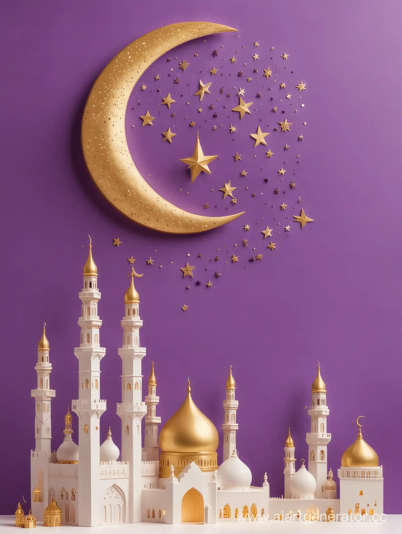 golden and purple Ramadan scene with a crescent moon, minaret, mehrab, and star, white background