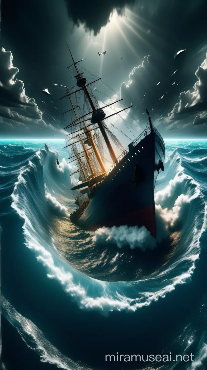 Surreal Digital Illustration of Bermuda Triangle, angry atmosphere, Ships sinking in the ocean, Surreal Cutscene, Inspirations from Salvador Dali and Christopher Nolan, High Angle Shot, Unreal Engine Render, Dramatic Lighting