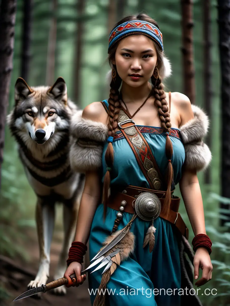 A Turkic girl with brown hair braided in a braid and big tits, in Mongolian clothes, in a Mongolian hat, in Russia walks through the forest with a wolf and a hawk bird on her shoulder. She has a knife on her belt