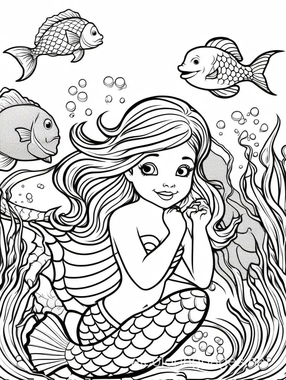 Mermaid and Ocean Animals Coloring Page for Kids Simple Black and White ...