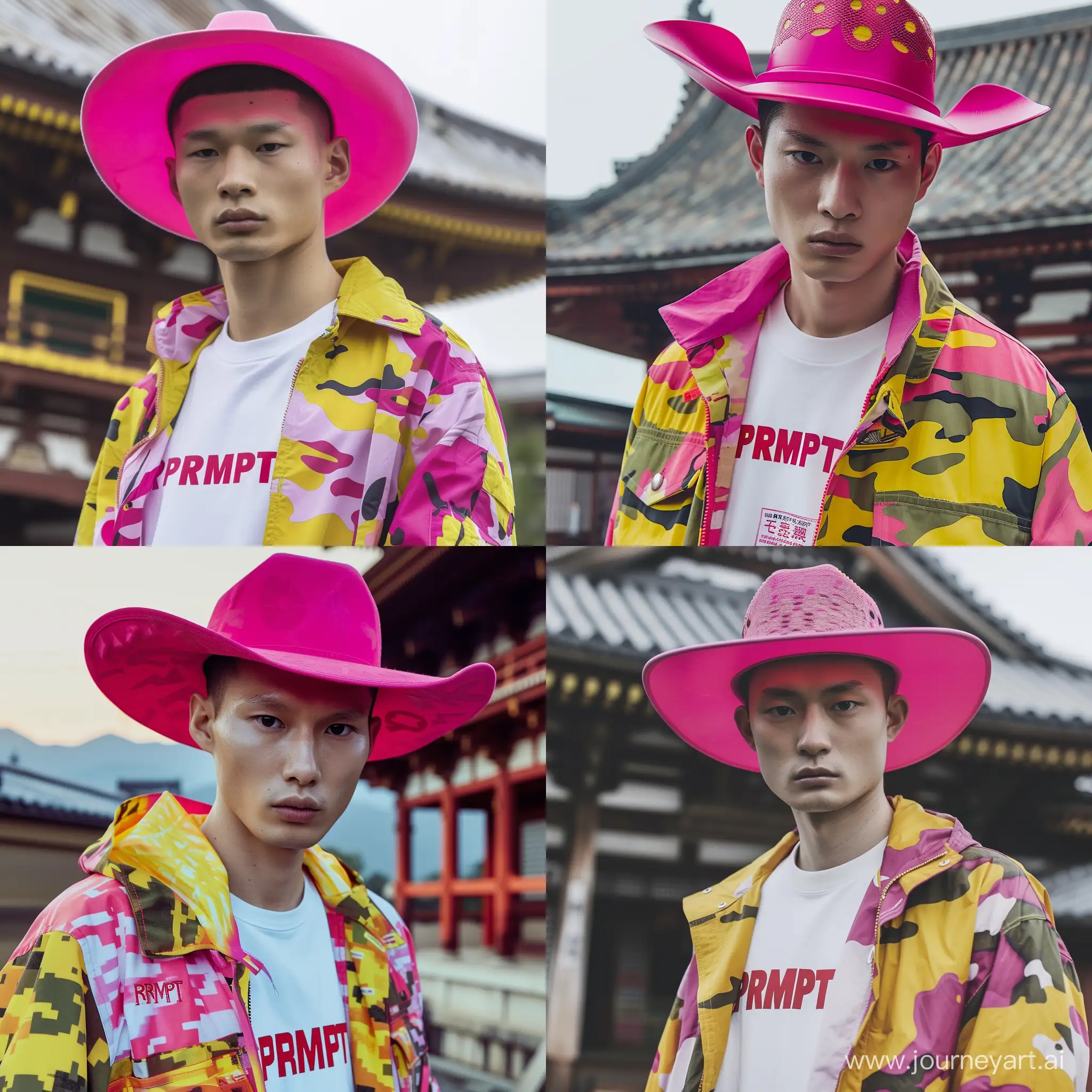 Asian-Male-Model-in-Neon-Pink-Cowboy-Hat-and-Vibrant-Camo-Jacket-at-Traditional-Japanese-Temple