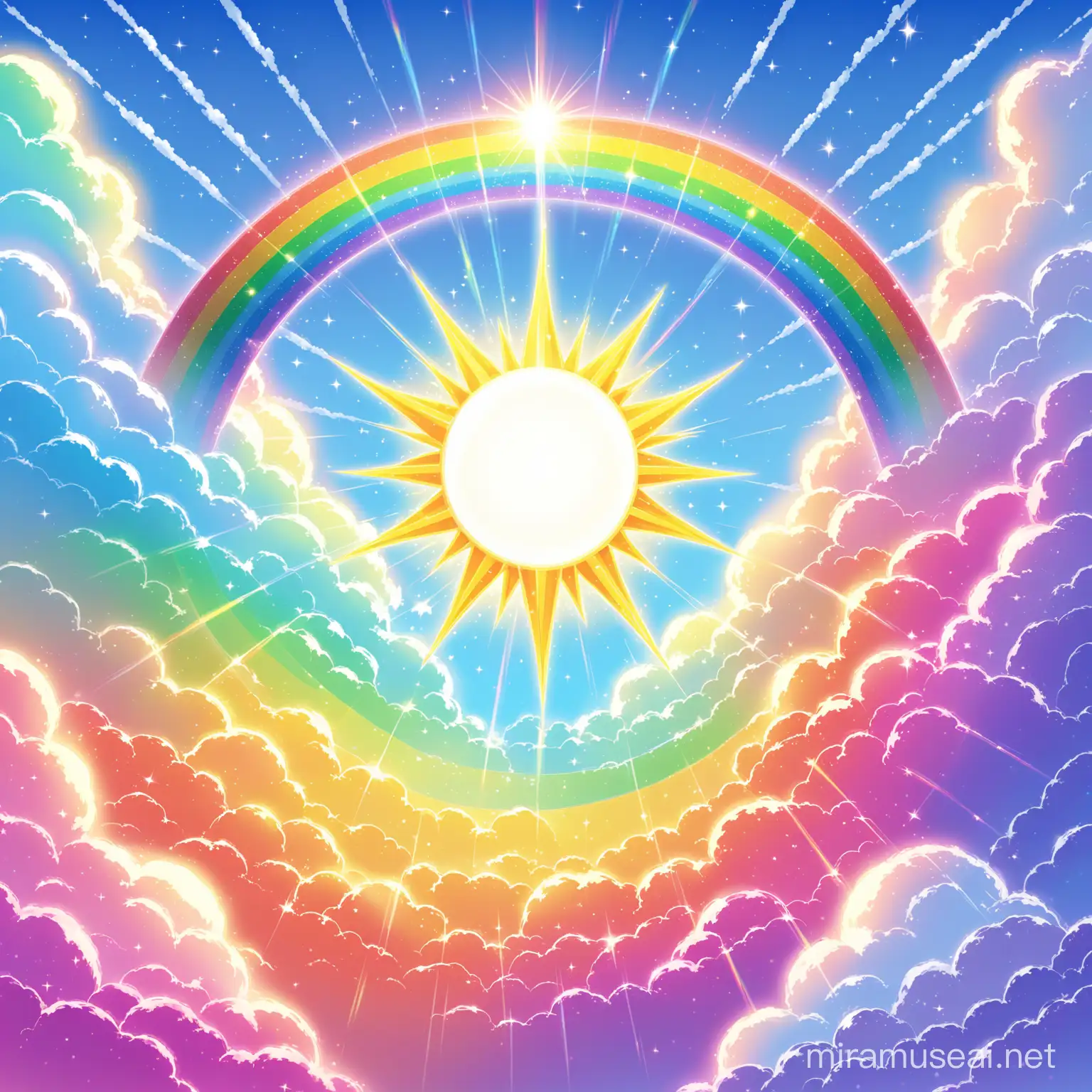 Vibrant Rainbow Overlapping the Radiant Sun in Clear Sky