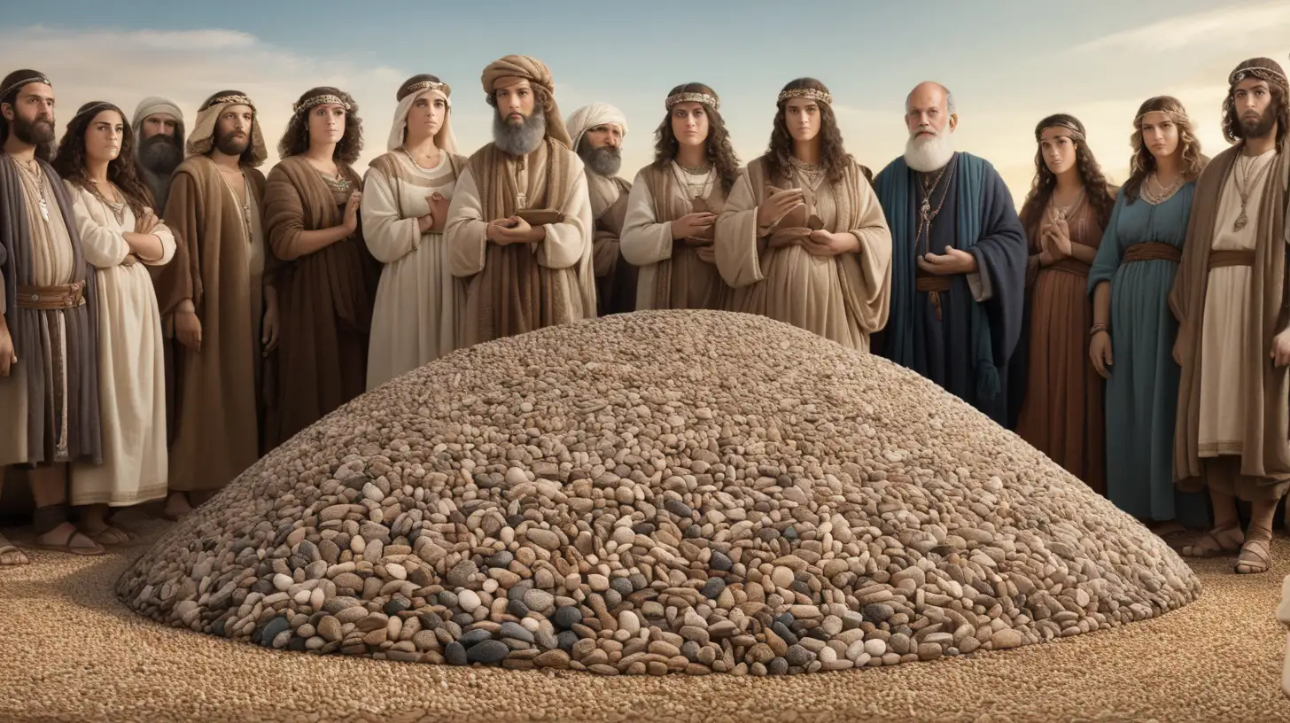 epoque biblique, un monticule de galets, à côté de ce monticule un groupe de femmes et d'hommes hébreux face caméra avec un galet à la main, sur le sol plusieurs petits galets, en fond la campagne, visages et mains très détaillés