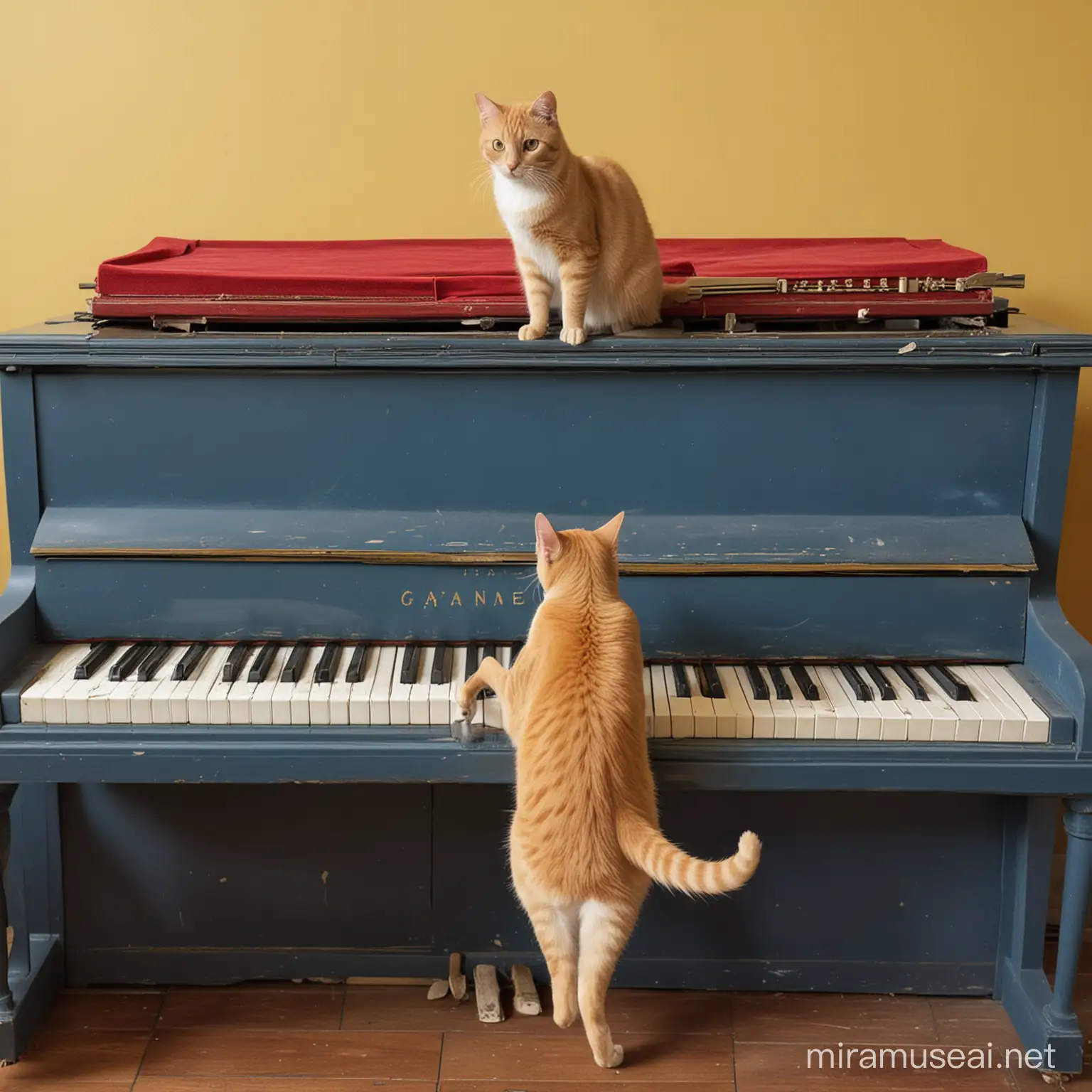 Кошка стоит на клавишах пианино. В синих, желтых, красных тонах.