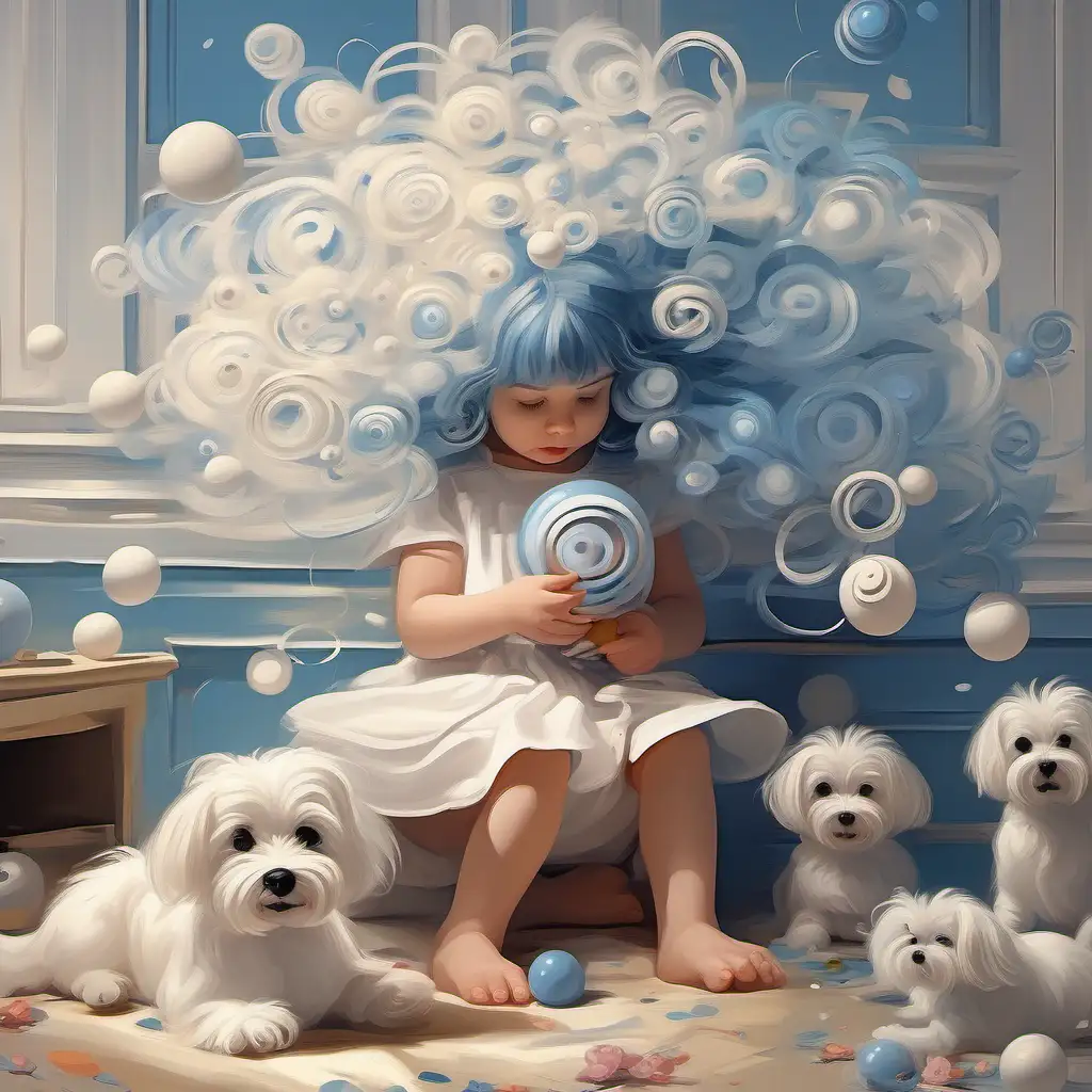 copy image 
abstract little girl with flowers in her white and blue A LOT OF CURLED UP hair , playing with a toy top orbs flying in the room maltese sitting next to the little girl
