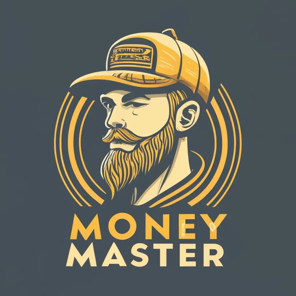 logo, Man with beard, mustache and with cap, on black background with gold outline, with the text "Money Master", typography