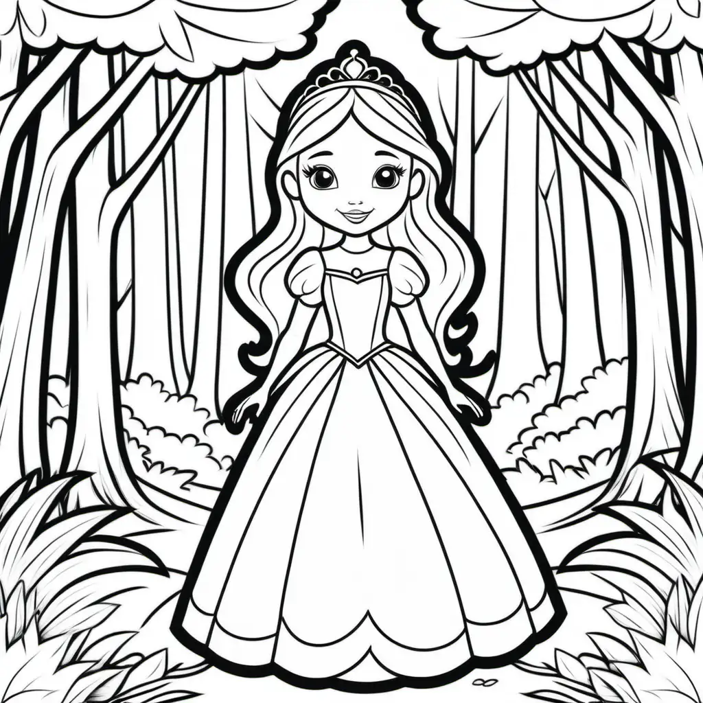 simple coloring book for kids,cartoon style princess in a simple forest, black and white, thick lines, no shading --9:16--vr5