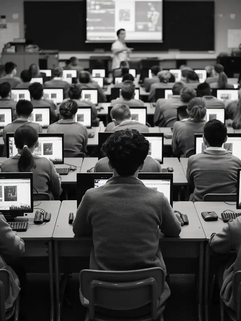 Школьный класс в серых тонах, старшеклассники сидят за партами, урок информатики, вид сзади