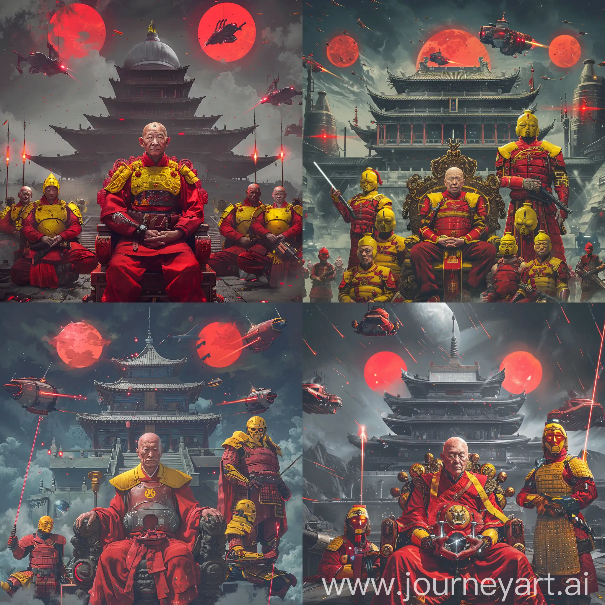 in the middle, a middle-aged Chinese Buddhist monk senior, , in red and yellow Chinese Buddhist style space marine armor, sits on his lotus royal throne,

medieval Chinese Buddhist  cyborgs monk soldiers in yellow red armor are next to the senior, they hold laser spears,

a futuristic steel gray Chinese Buddhist temple is in the background,

three red suns in the dark sky, with Chinese Buddhist style Spaceships in the sky,