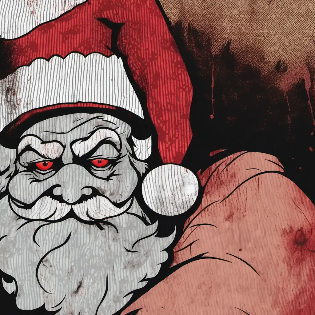 show a decaying santa looking at us with a sinister glare and red stains on his beard