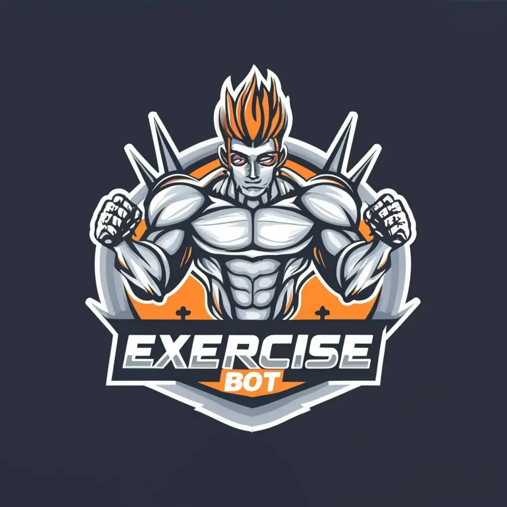 logo, Muscular Robot spiked hair, with the text "Exercise Bot Power Up", typography, be used in Sports Fitness industry