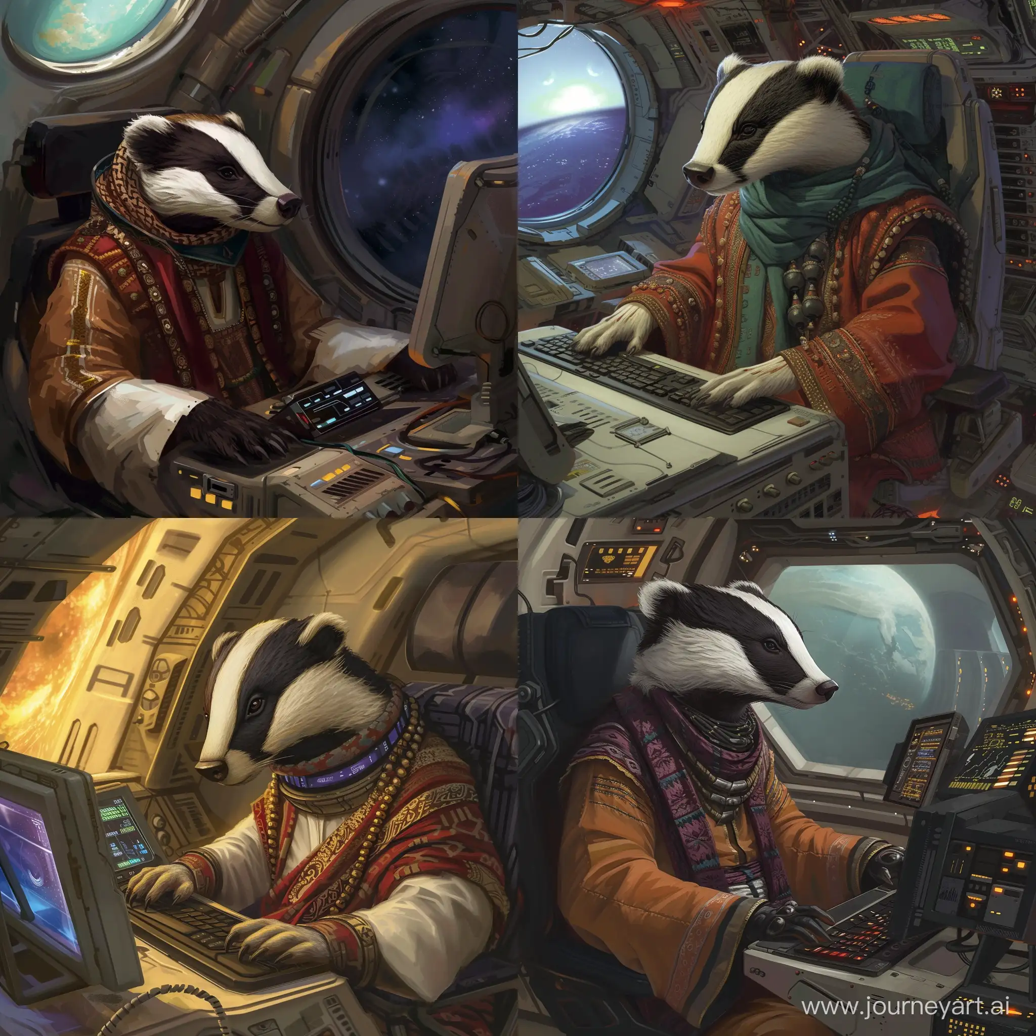 An anthropomorphic badger in Arab clothes, sitting at a computer in a spaceship