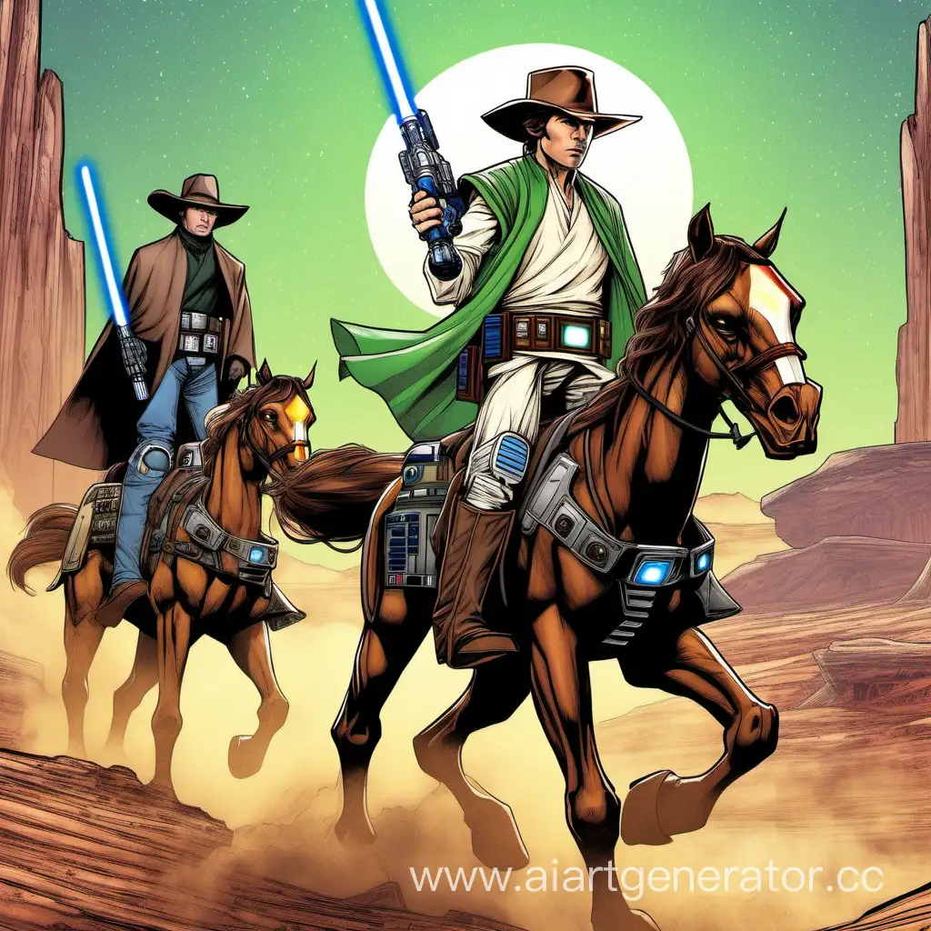 A man who is a jedi, with brown hair and medium hair, of normal height and build, who has a green lightsaber in one hand and a blaster in another, riding a horse, dressed like a cowboy, background is western, with an intense look on his face, a droid like R2D2 next to him following him